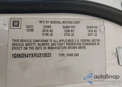 2000 Cadillac Deville Standard из США, поврежденный, VIN 1G6KD54YXYU213023